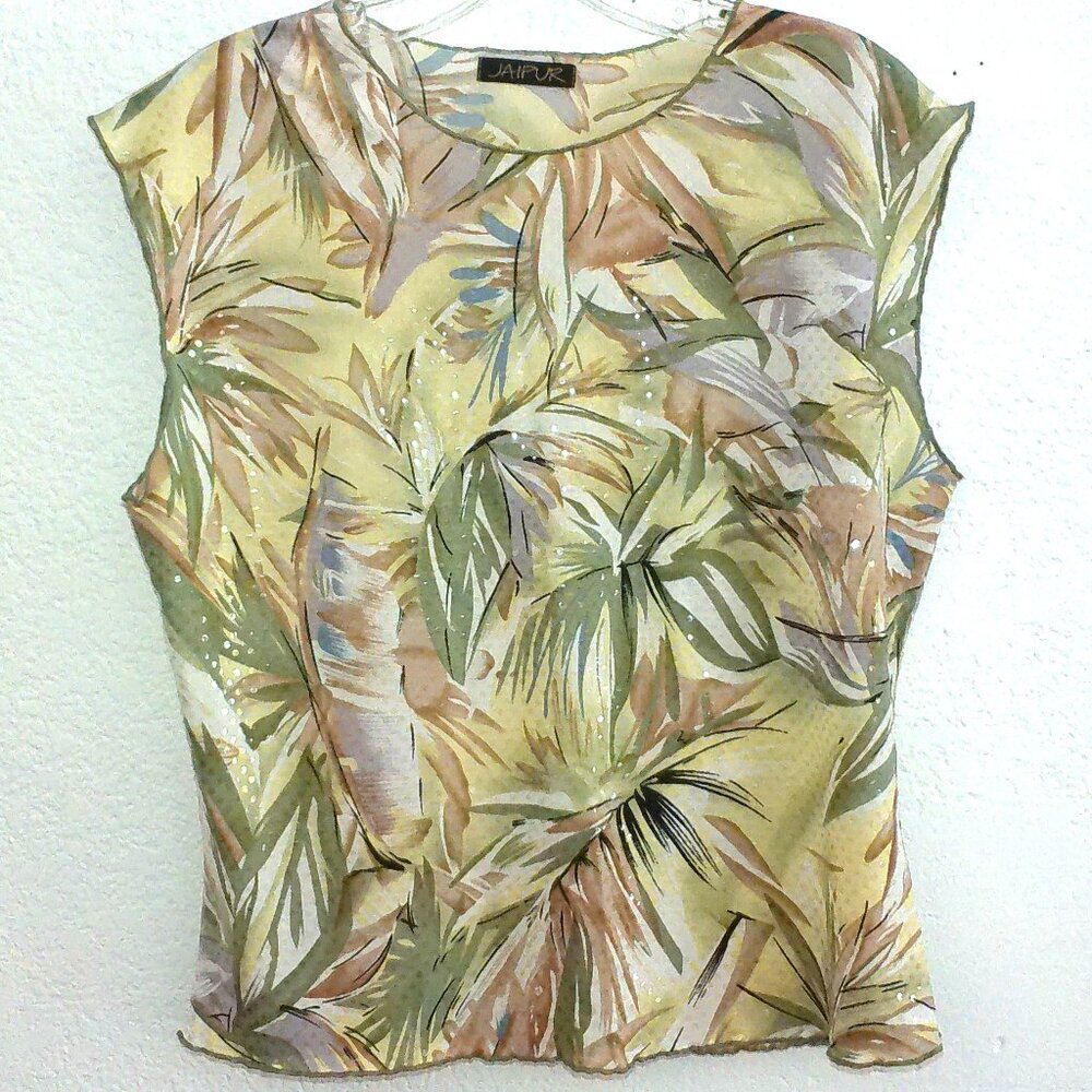 Jaipur, Green tropical leaves tank top, with clear sequins details